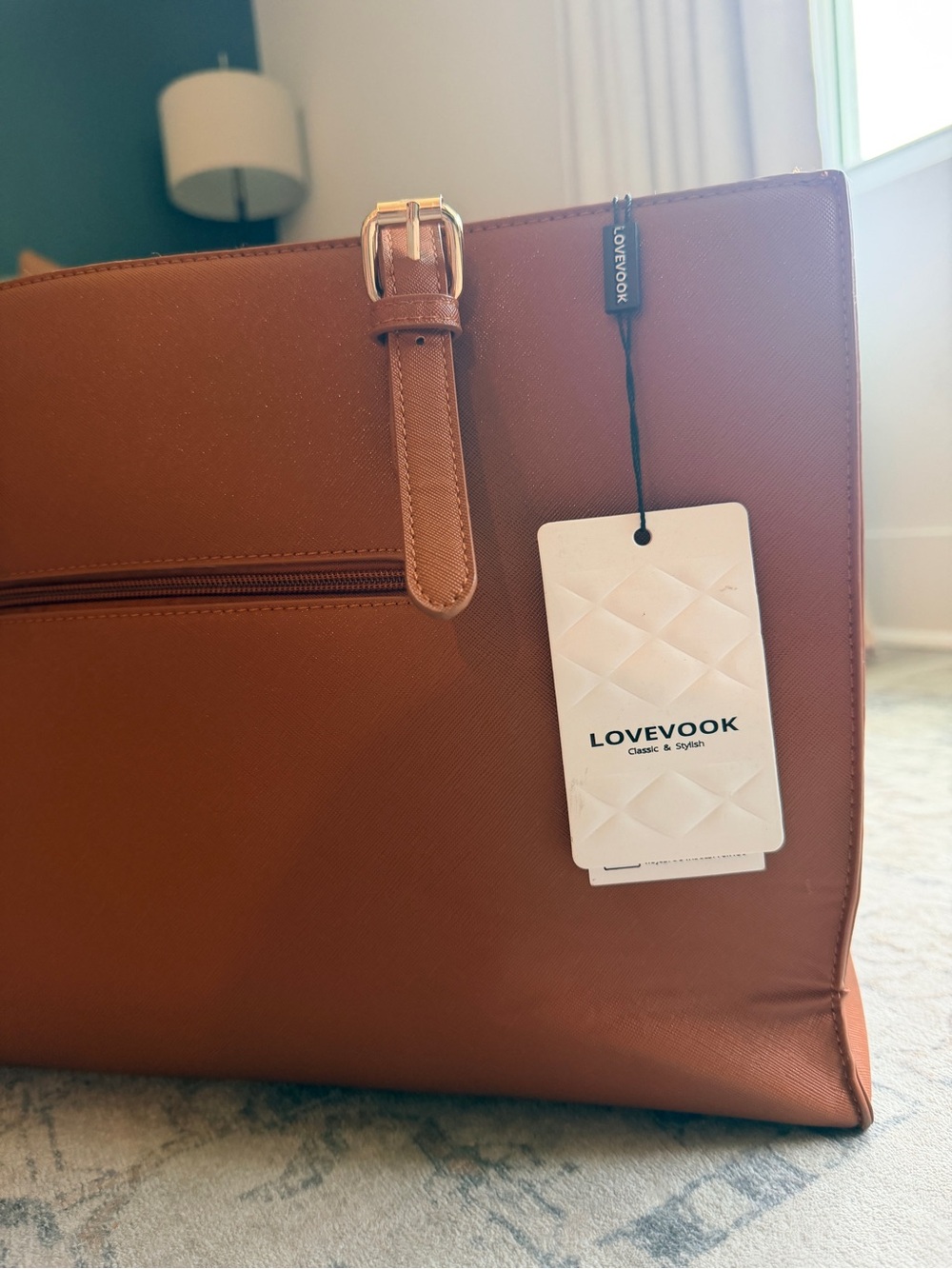LOVEVOOK Tan Structured Tote Bag with Front Zip — Classic Everyday Carry